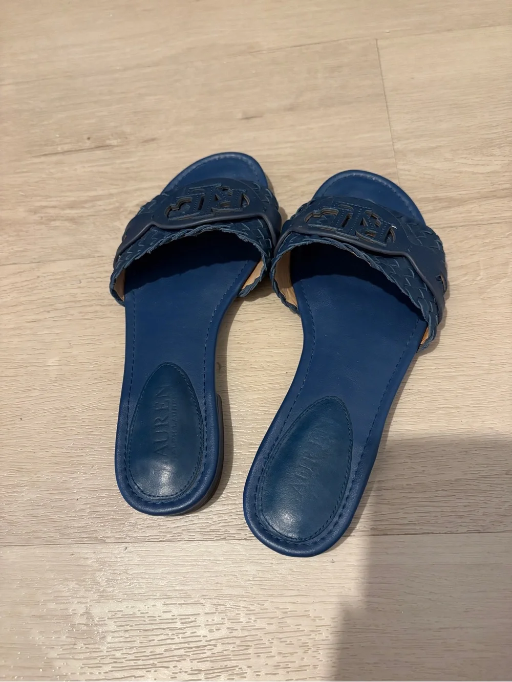 Ralph Lauren Blue Braided RL Logo Leather Slide Sandals